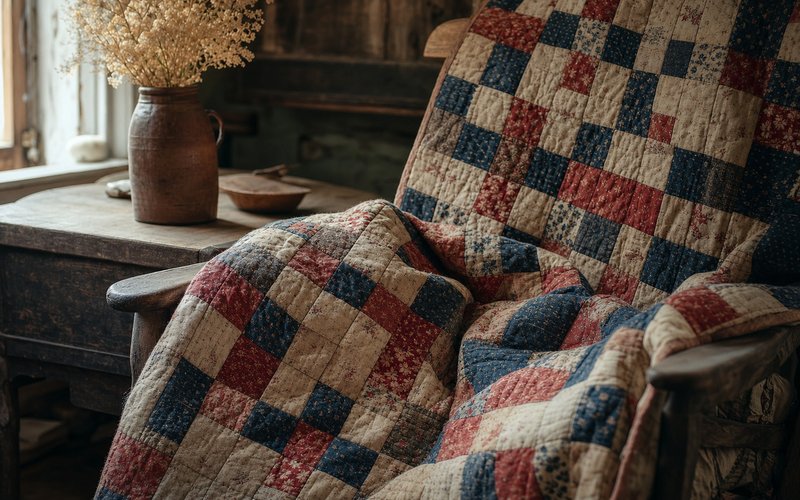A soft, faded nine-patch patchwork quilt in cream, indigo and red squares draped over an old wooden chair.