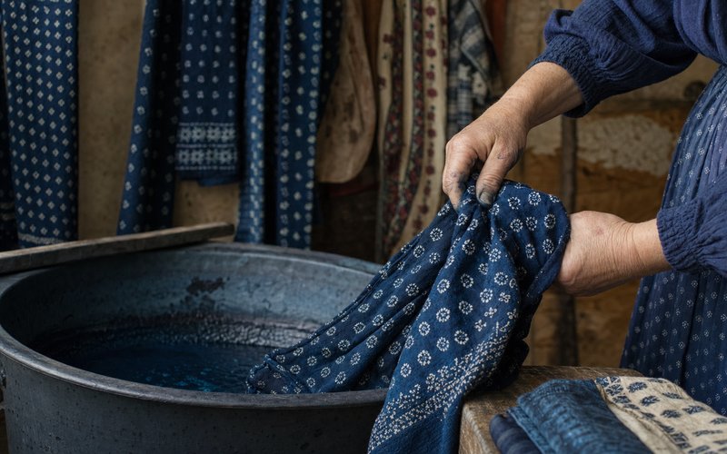 Indigo-dyed cotton printed with small white patterns being lifted from a dye vat.