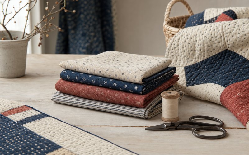 A stack of folded cream, indigo and madder quilting fabrics on a pale wooden table, with scissors and a spool of thread.