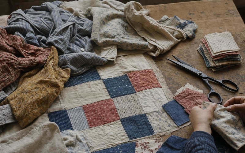 Worn shirts and old linens being cut into patches on a wooden table beside a scrappy cream, indigo and madder quilt top.
