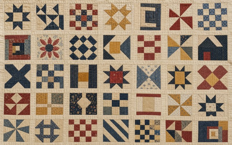 A patchwork sampler quilt: a grid of many different small test blocks separated by cream sashing strips.